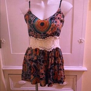 Bohemian Print Dress with Lace Waist